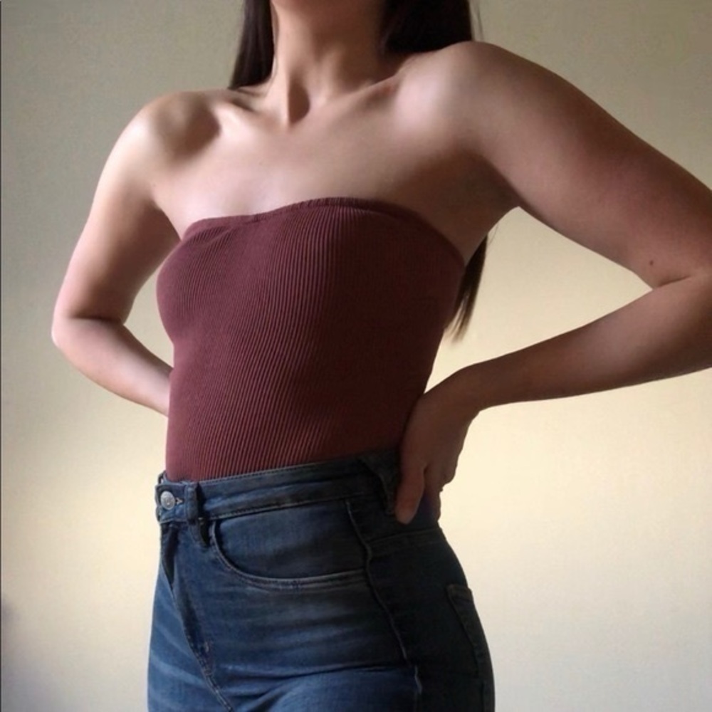 Dynamite Ribbed Tube Top Burgundy Sweetheart Strapless XS S